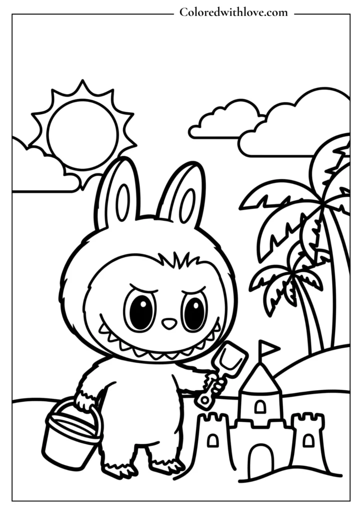 Cute Labubu walking on beach coloring page