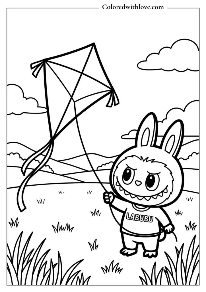 Cute Labubu flying a kite outdoors coloring page