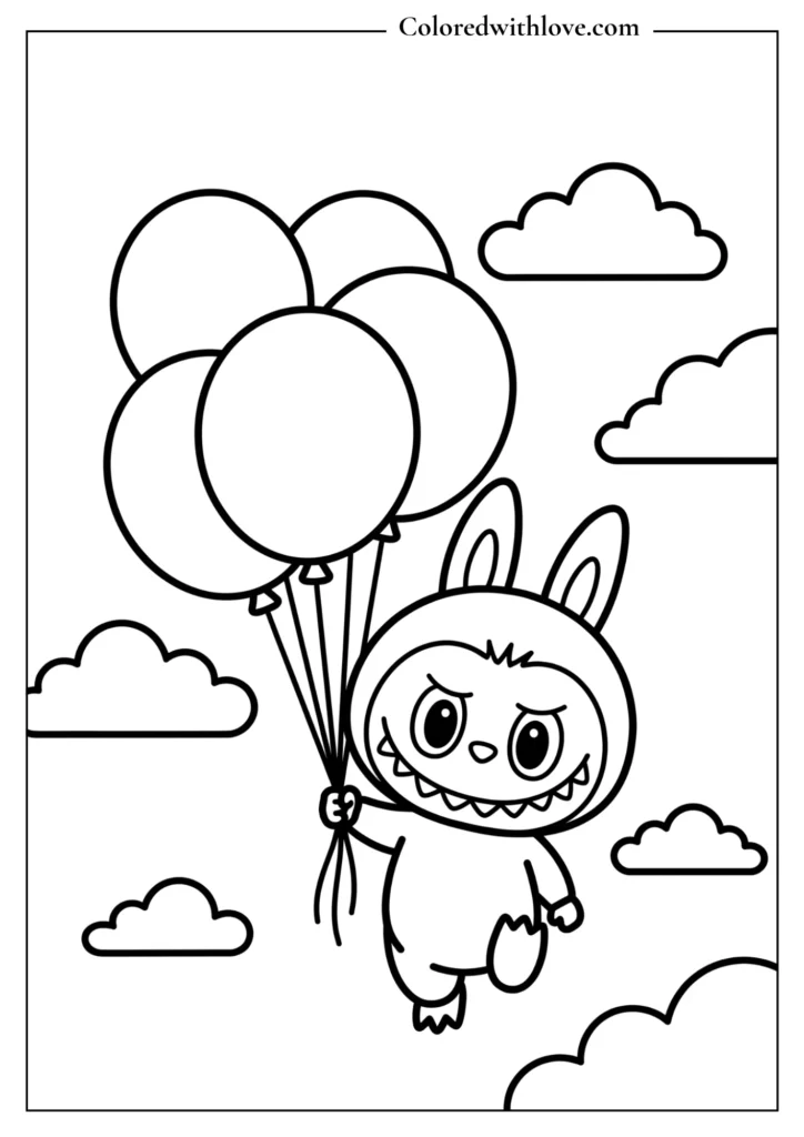 Cute Labubu floating with balloons coloring page
