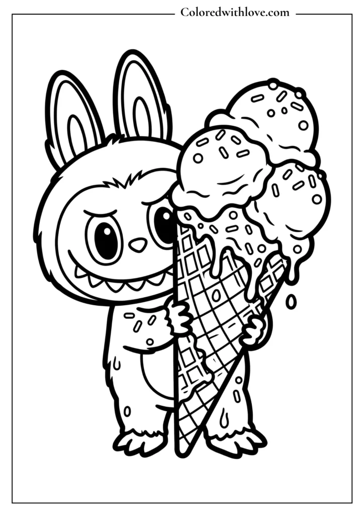 Cute Labubu holding giant ice cream coloring page