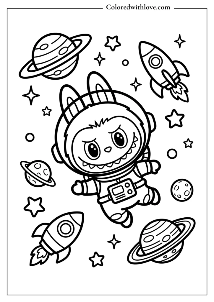 Cute astronaut Labubu in space coloring page