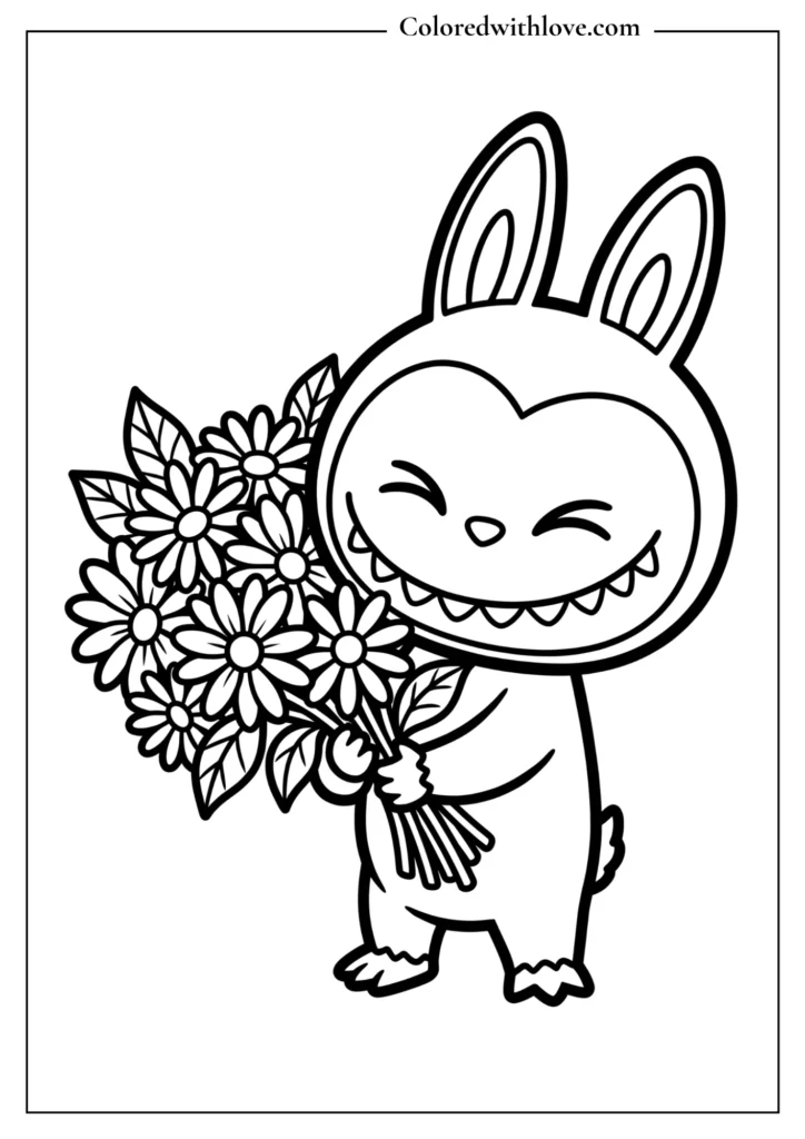 Adorable Labubu holding a bouquet of flowers coloring page