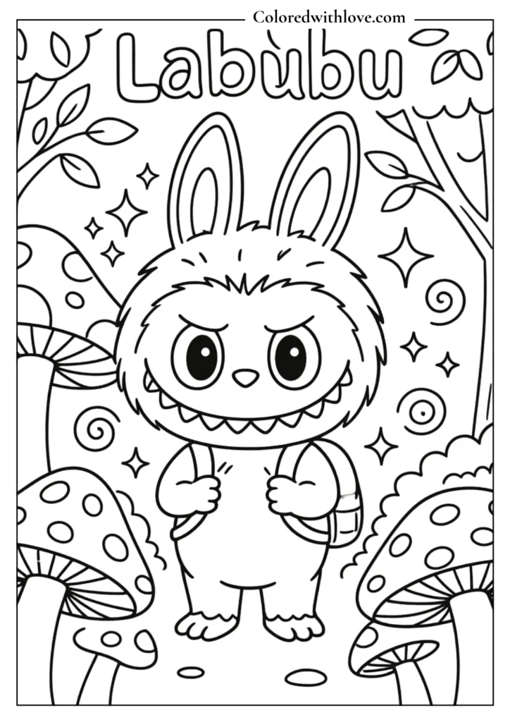Cute Labubu with kawaii doodle background coloring page