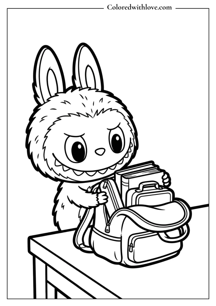 Cute Labubu reading books at desk coloring page