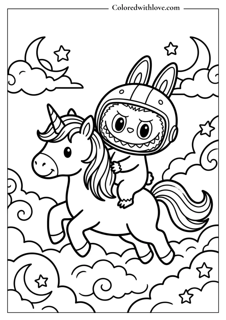 Cute Labubu riding a unicorn coloring page