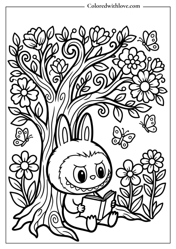 Cute Labubu sitting under magical tree coloring page