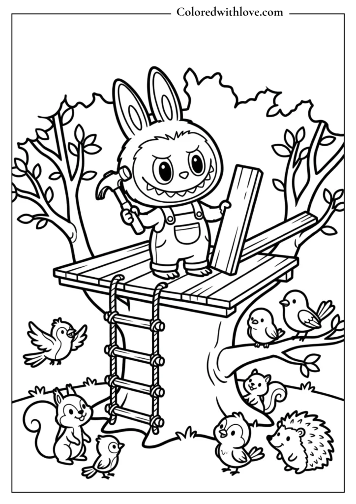 Cute Labubu climbing tree adventure coloring page