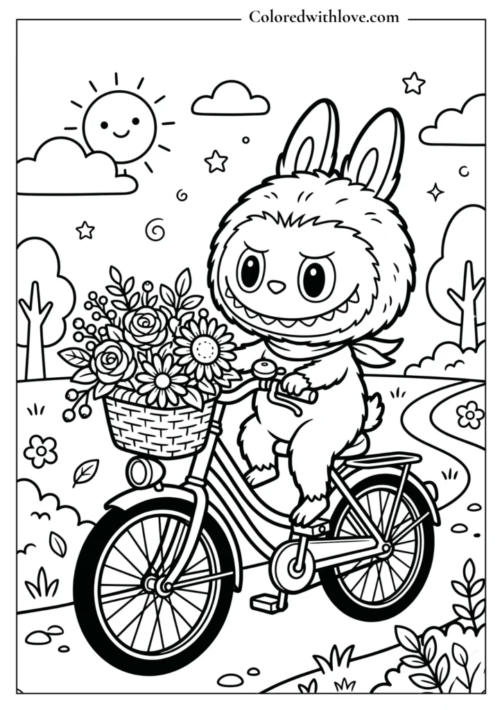 Cute Labubu riding bicycle in garden coloring page