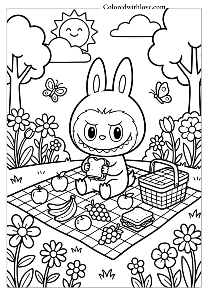 Cute Labubu gardening with flowers coloring page