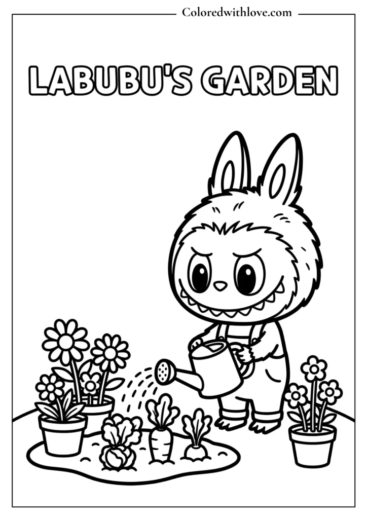Cute Labubu in flower garden coloring page