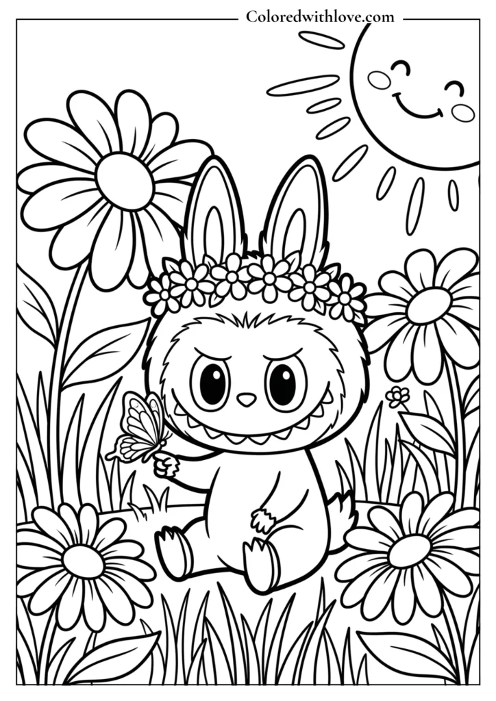 Cute Labubu surrounded by giant flowers coloring page
