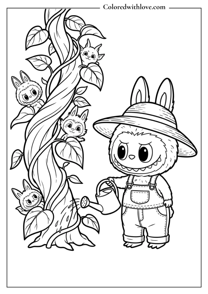 Cute explorer Labubu in jungle coloring page