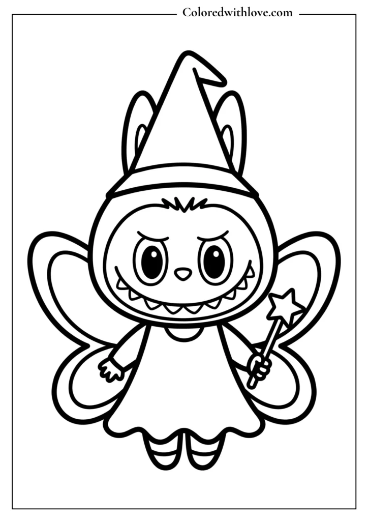 Cute fairy Labubu with wings printable coloring page