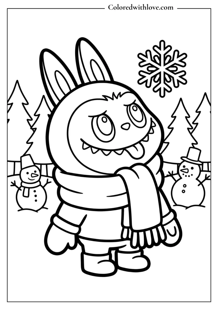 Cute winter Labubu wearing scarf coloring page