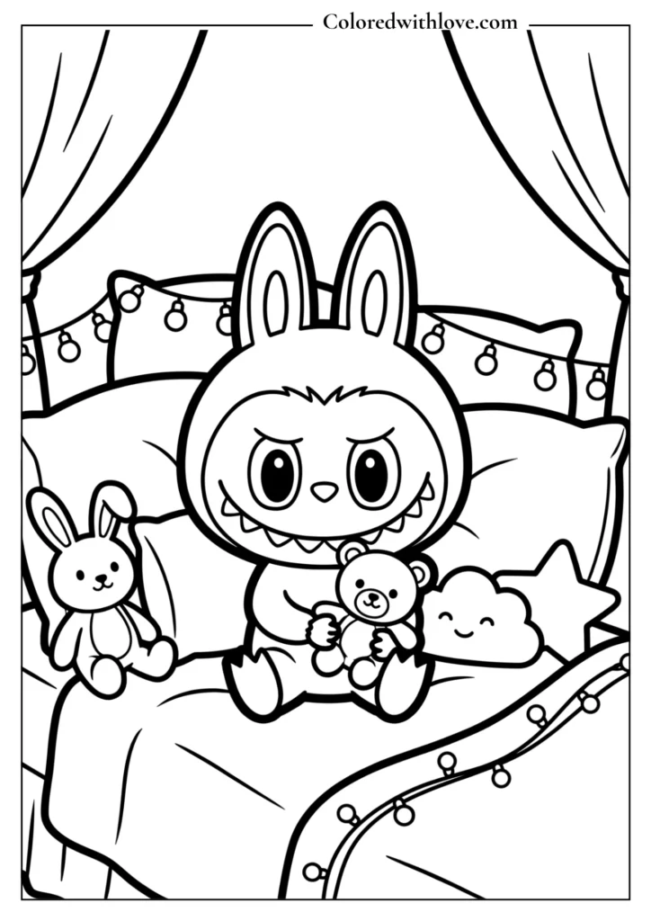 Cute Labubu relaxing in bedroom with teddy bear coloring page