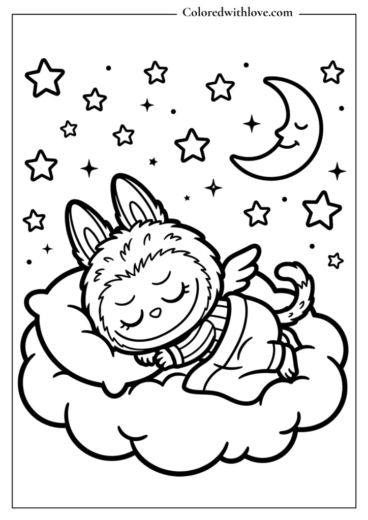 Cute sleeping Labubu on cloud under moon and stars coloring page