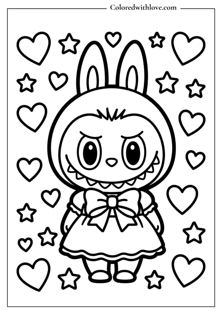 Kawaii Labubu surrounded by hearts and stars coloring page