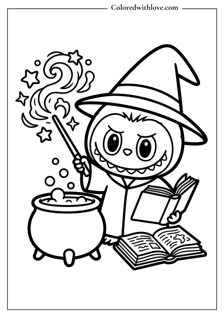 Cute wizard Labubu with magic cauldron coloring page