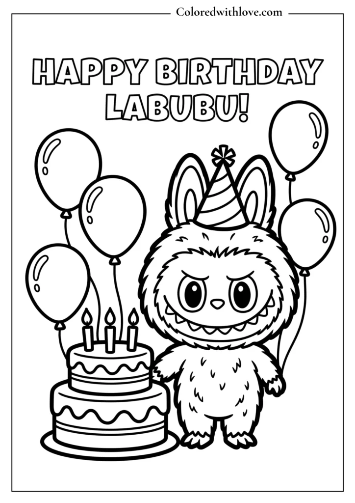 Happy Birthday Labubu with cake and balloons coloring page