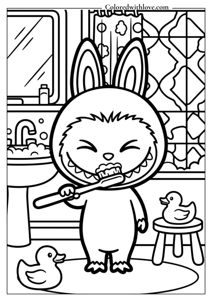 Cute Labubu standing inside a cozy room coloring page