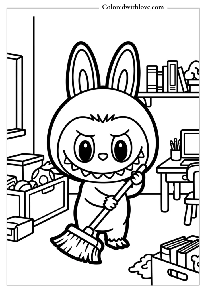 Cute Labubu cleaning room with broom coloring page