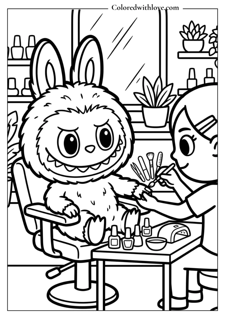 Cute Labubu sitting in a cafe coloring page