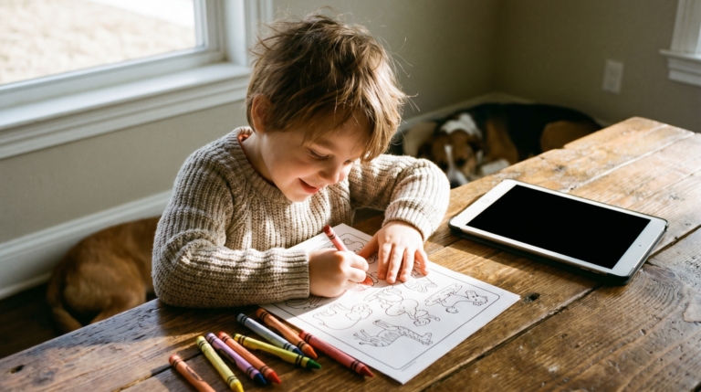 A young child enjoying a screen-free activity, focused on coloring a paper page with crayons while a powered-off tablet sits pushed aside.