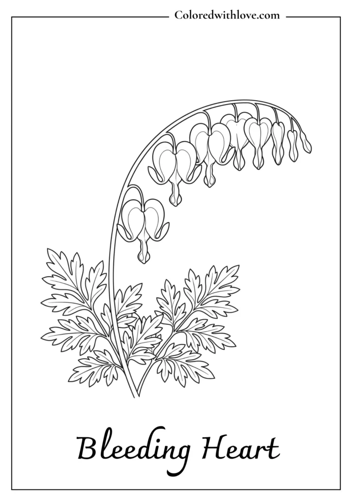 Arched stem with dripping heart-shaped blossoms in this unique spring flowers coloring page.