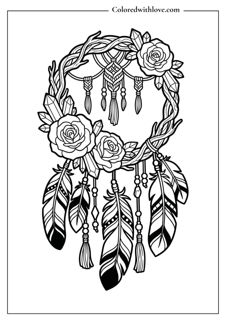 Bohemian flowers coloring page featuring a woven dreamcatcher decorated with large roses and hanging feathers.