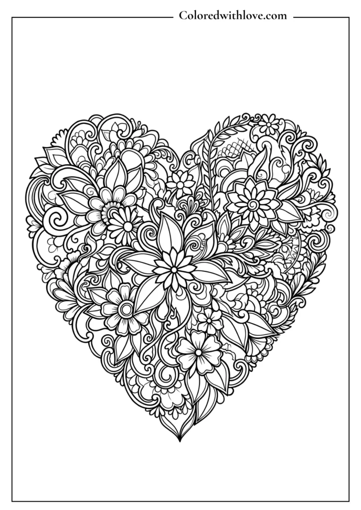 Intricate adult flowers coloring page showing a large heart filled with zentangle doodle flowers and leaves.