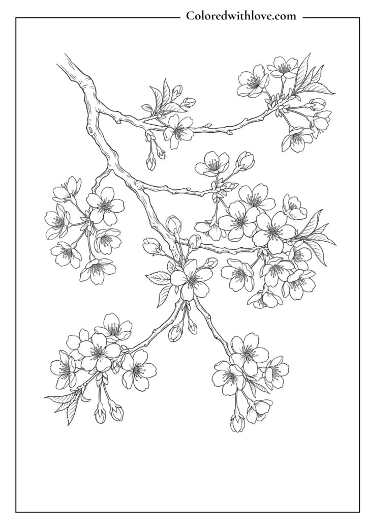 Elegant black and white line art of a cherry blossom branch for a realistic floral coloring page.