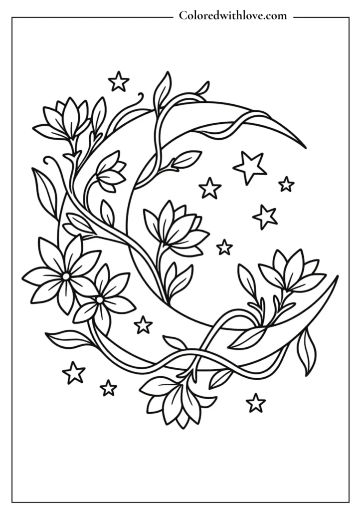 Magical flowers coloring page featuring a crescent moon intertwined with night-blooming jasmine and stars.