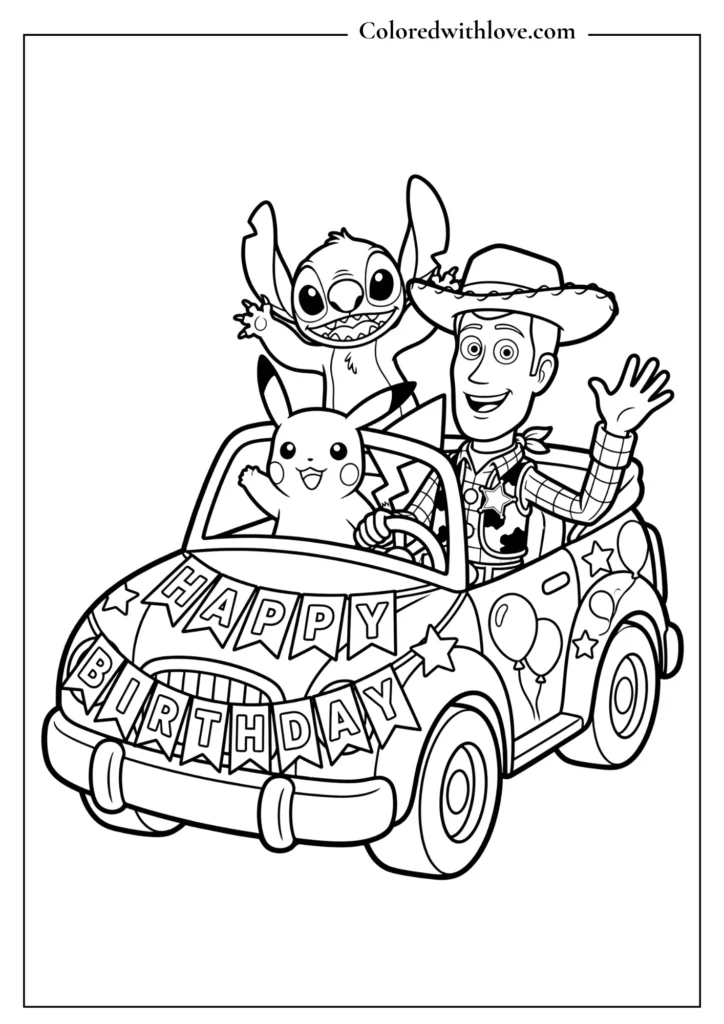 Free printable birthday parade coloring page of Woody, Pikachu, and Stitch waving from a parade toy car.