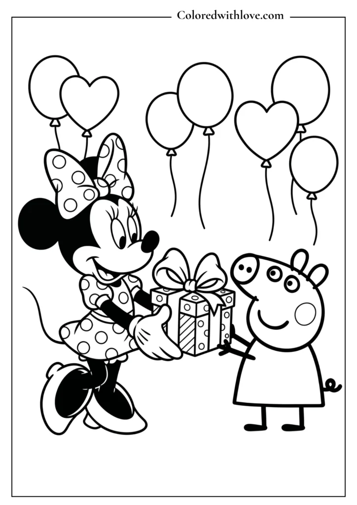 Free printable birthday coloring sheet of Minnie Mouse giving a wrapped birthday present with a bow to Peppa Pig.
