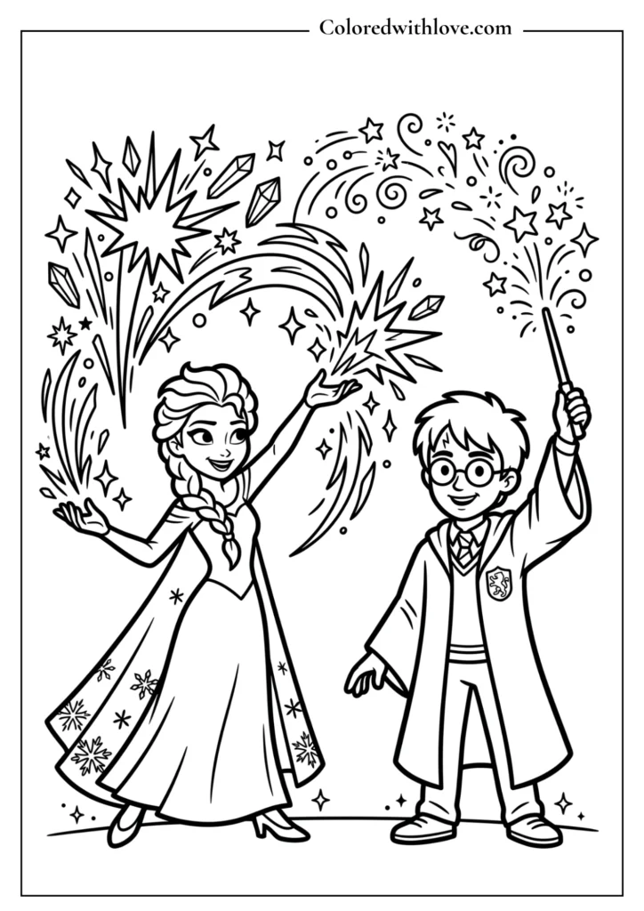 Free printable magical birthday coloring page featuring Elsa and Harry Potter creating party fireworks.