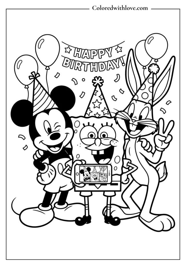 Cartoon mashup coloring page featuring Mickey Mouse, SpongeBob, and Bugs Bunny taking a birthday party selfie.