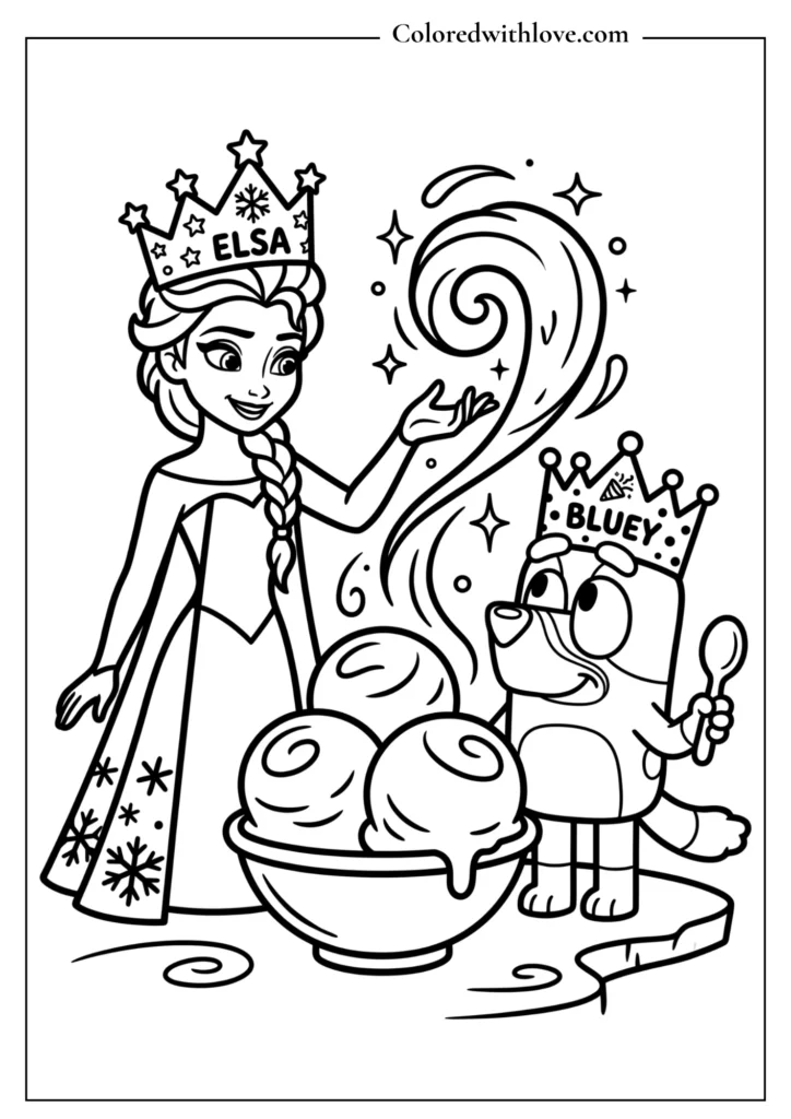 Free printable Disney and Bluey birthday coloring page featuring Elsa making magic ice cream for Bluey.