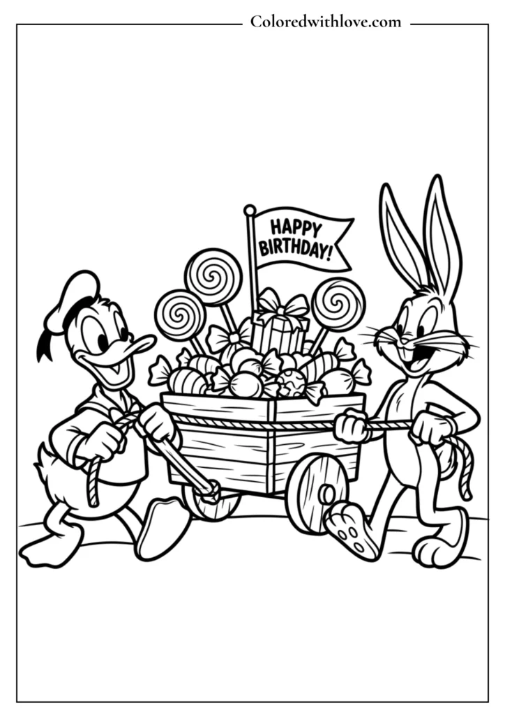 Free printable kids coloring page of Donald Duck and Bugs Bunny pulling a wagon full of birthday candy and party favors.