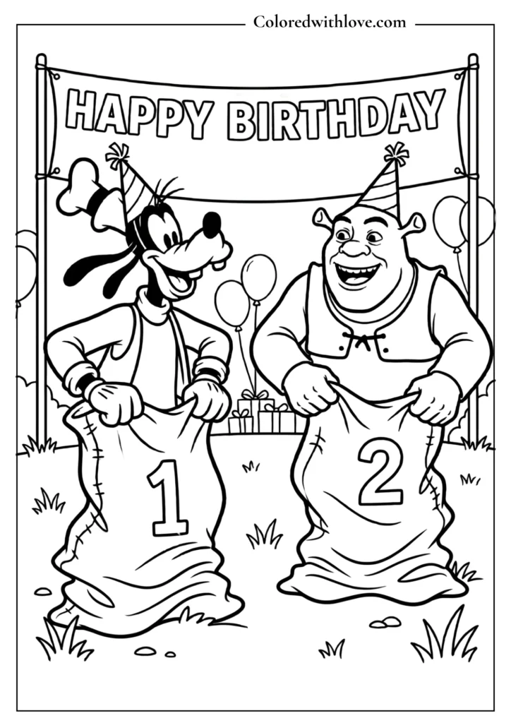 Free printable birthday coloring page of Goofy and Shrek having fun in a birthday sack race.