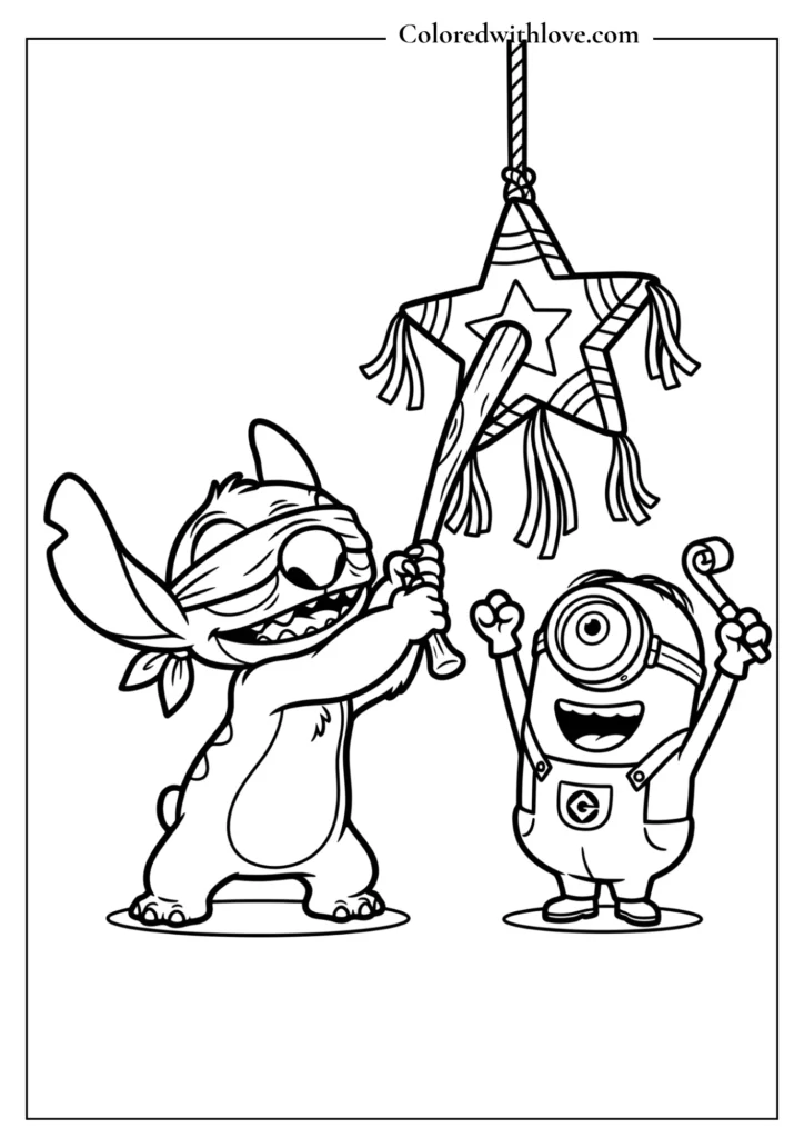 Free printable birthday party game coloring page of Stitch hitting a star-shaped piñata while a Minion cheers.