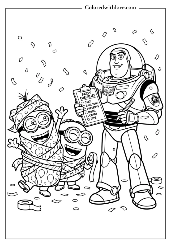Free printable coloring page of Buzz Lightyear and Minions playing with birthday wrapping paper.