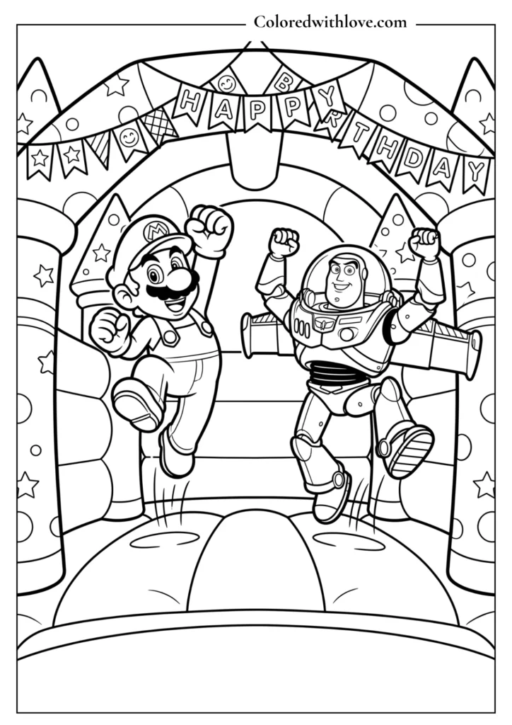 Printable boys birthday coloring page of Buzz Lightyear and Super Mario jumping in a birthday bouncy castle.