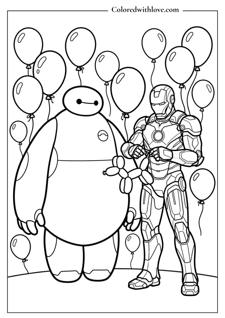 Free printable Marvel and Disney coloring page of Iron Man making a balloon animal dog for Baymax.