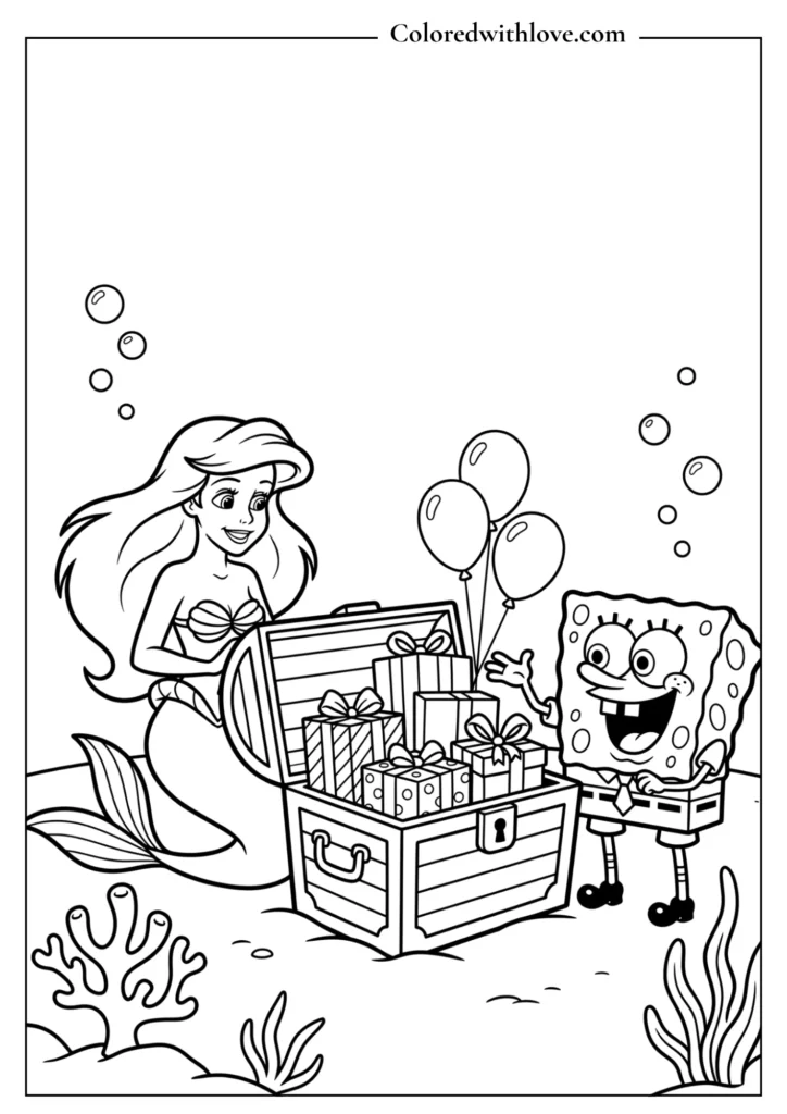 Underwater cartoon crossover coloring page of Princess Ariel and SpongeBob opening a treasure chest full of birthday presents.