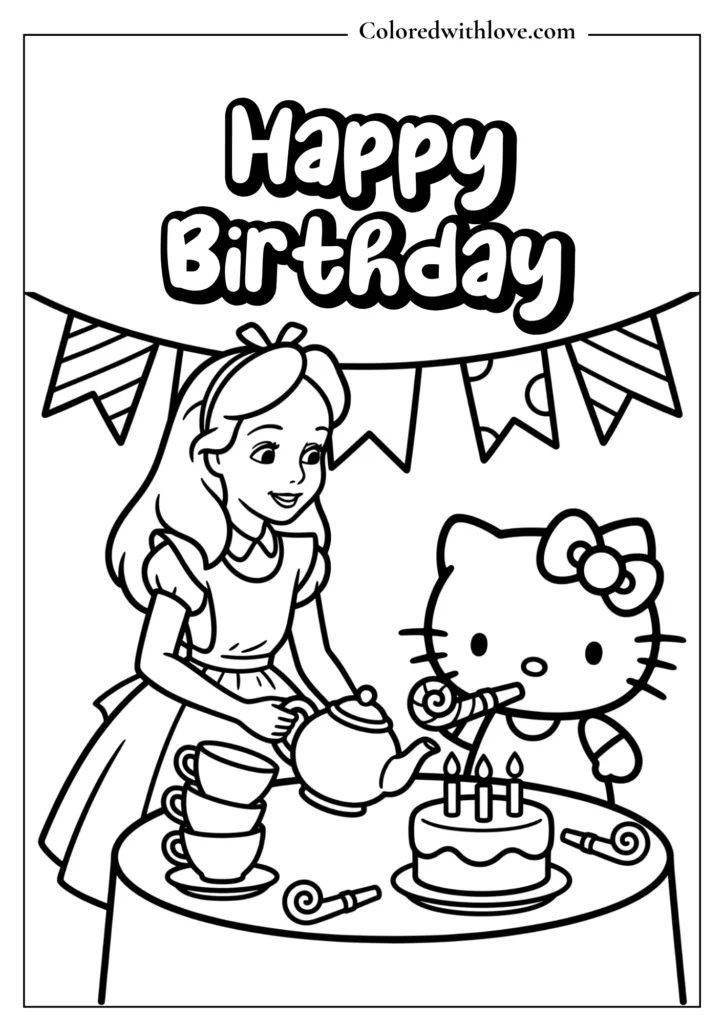 Printable cartoon tea party birthday coloring page featuring Alice in Wonderland and Hello Kitty setting a table.