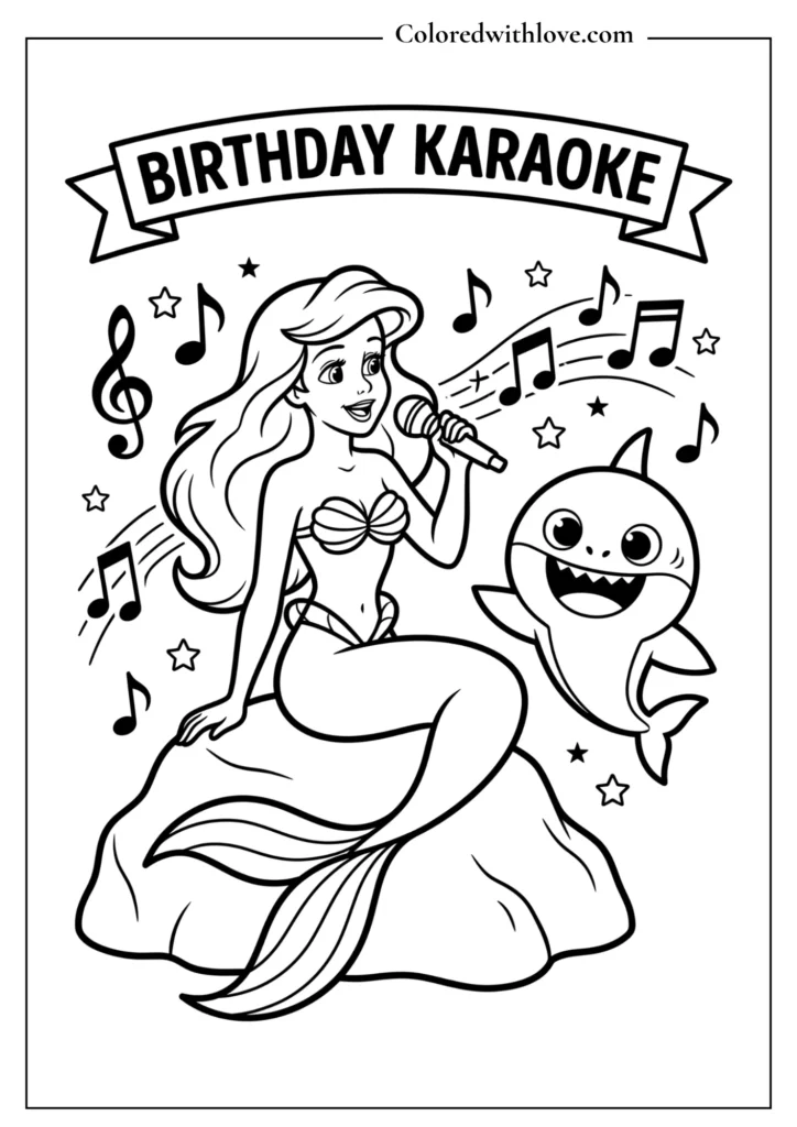 Printable kids birthday coloring page of Princess Ariel and Baby Shark singing birthday karaoke together.