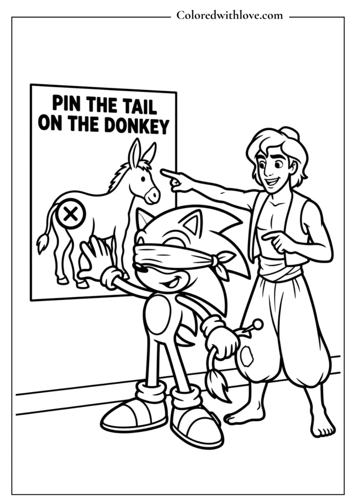 Free printable cartoon birthday coloring page of Sonic the Hedgehog and Aladdin playing Pin the Tail on the Donkey.