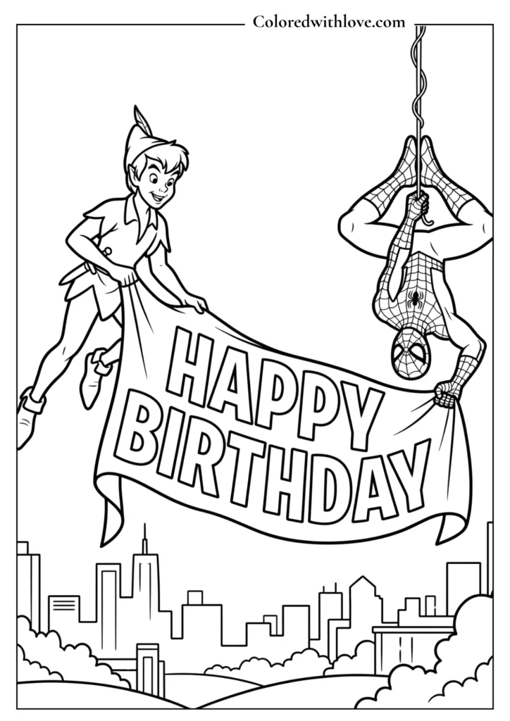 Free printable superhero and Disney coloring page of Spider-Man and Peter Pan hanging a Happy Birthday banner.