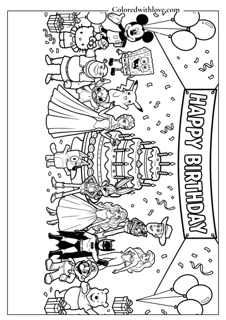 Mixed characters Birthday Coloring pages