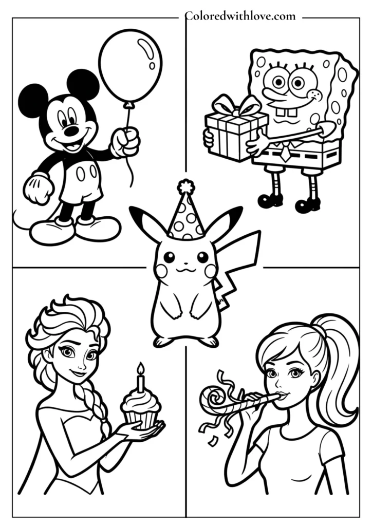 All characters birthday coloring page